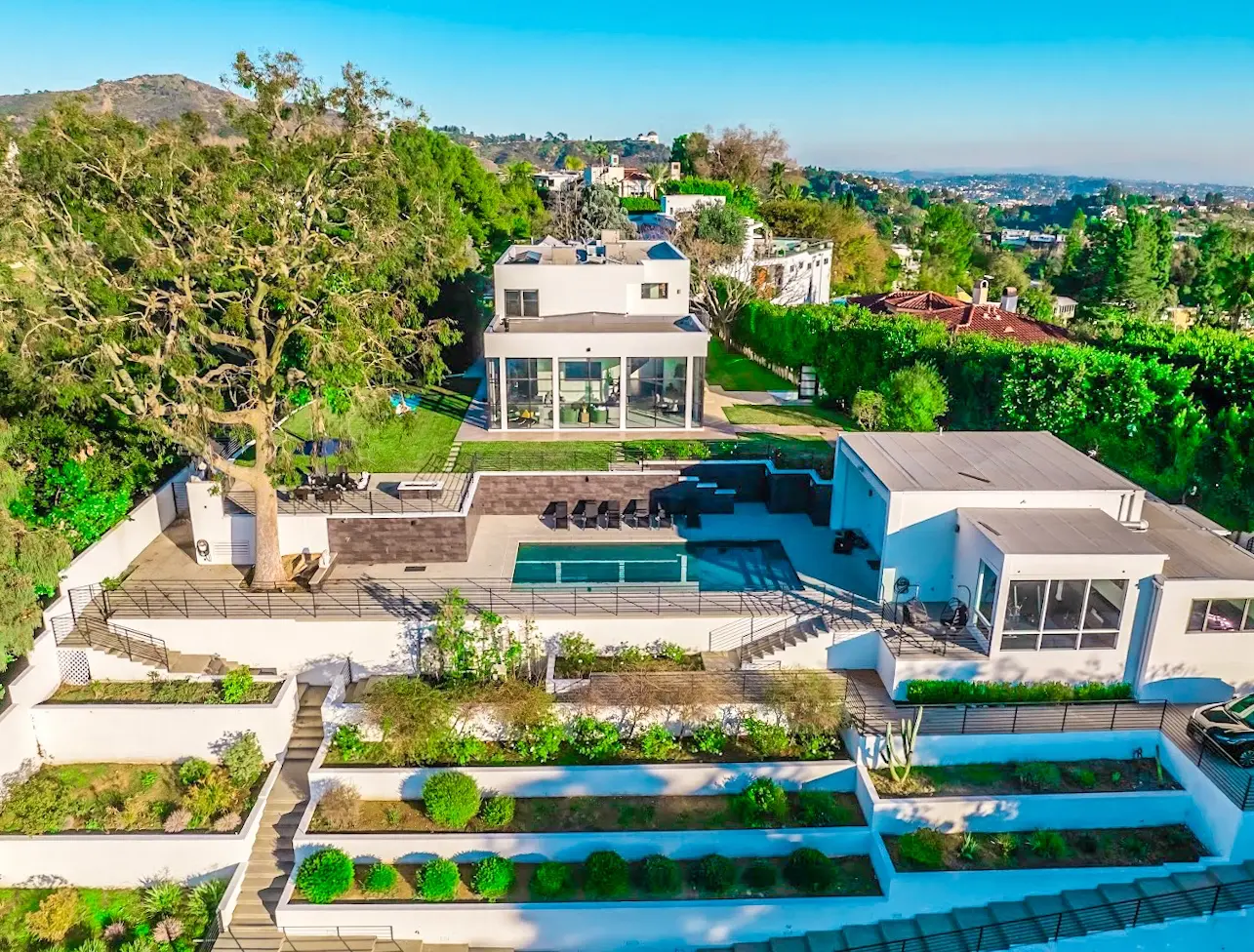 Aerial view of the Lakeview residence above the Hollywood Hills