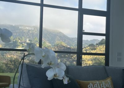 Living room with couch and window showing Hollywood sign view at luxury drug rehab in Los Angeles